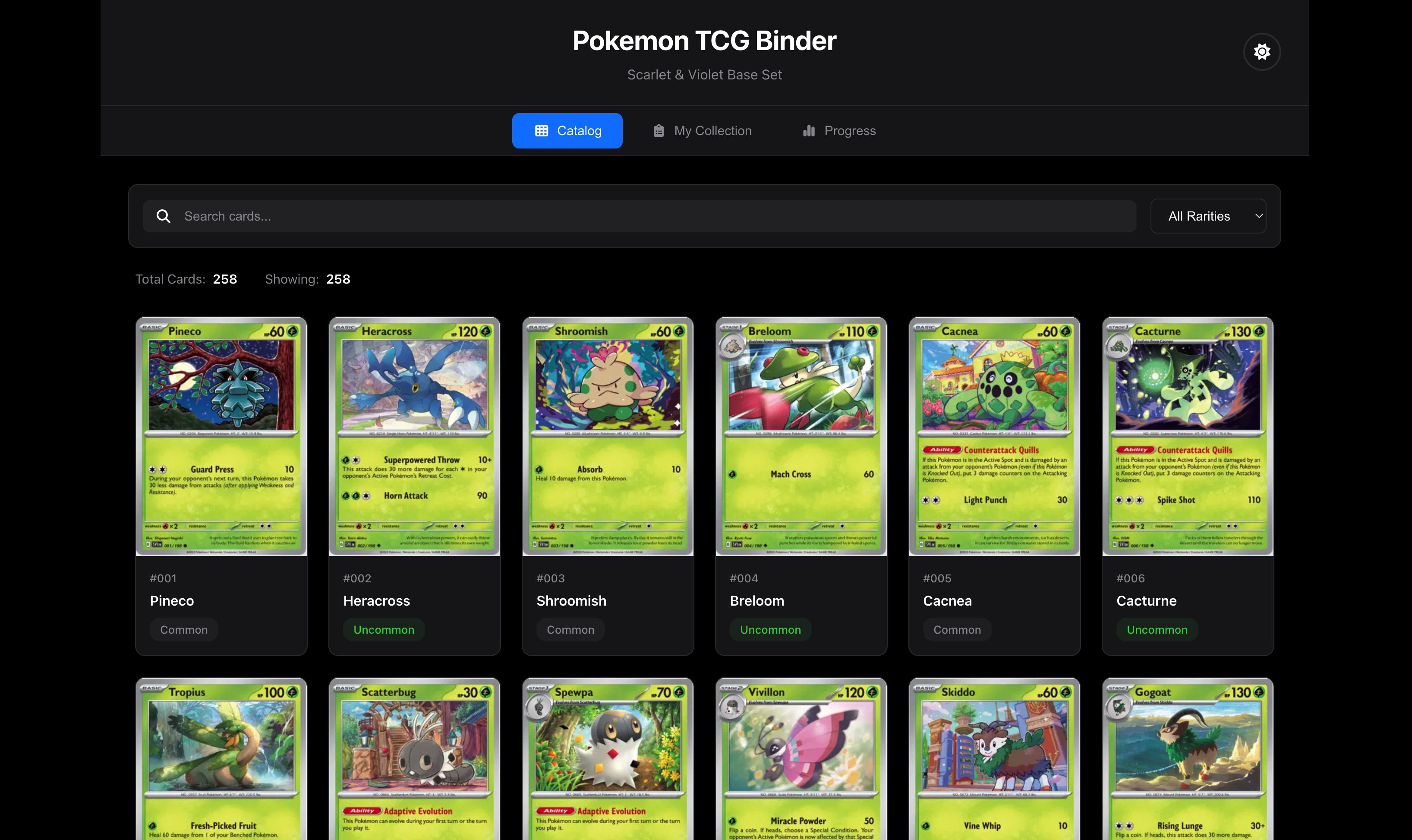 Screenshot of Pokemon Binder App